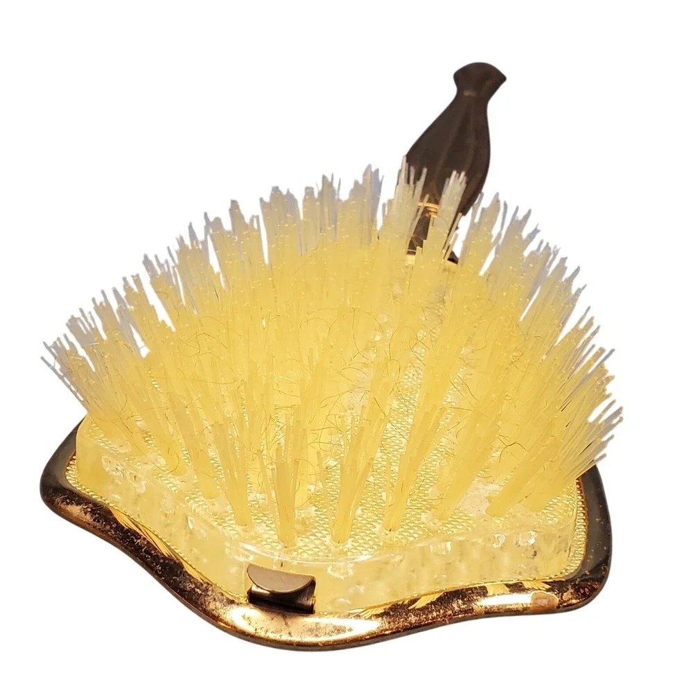 VTG 1950s Gold Tone Vanity Set Hand Mirror & Hair Brush Hollywood Regency Floral